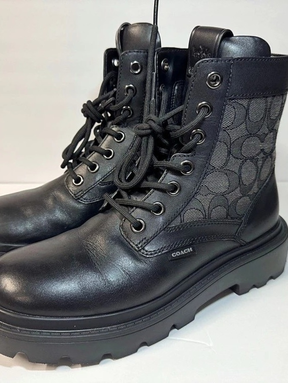 Coach Lucy Lug Sole Boot With Signature Canvas Black & Gray US 8 Like New